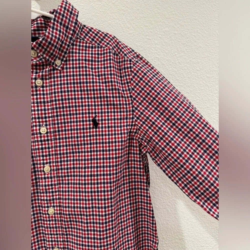 Ralph Lauren Boys Plaid Button Down Collared Logo Red White Blue Shirt Medium